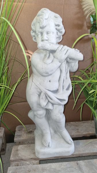 Gartenfigur, Putte, Junge mit Blockflöte, antik grau