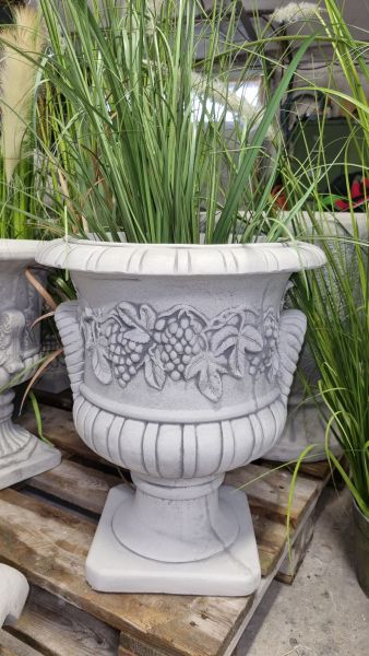 Pflanzgefäß, Vase, Amphore "Traube und Blatt", antik grau