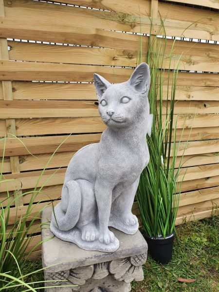 Gartenfigur Katze stehend, antik-grau