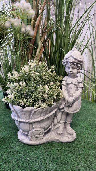 Gartenfigur Junge mit Schale zum bepflanzen "Marienkäfer", antik grau