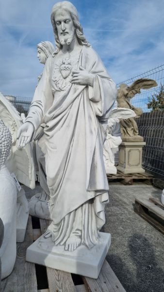 Gartenfigur Jesus mit Symbolik, antik grau